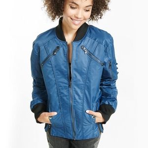 New Express Seamed Hem Bomber Jacket Blue zip SZ L